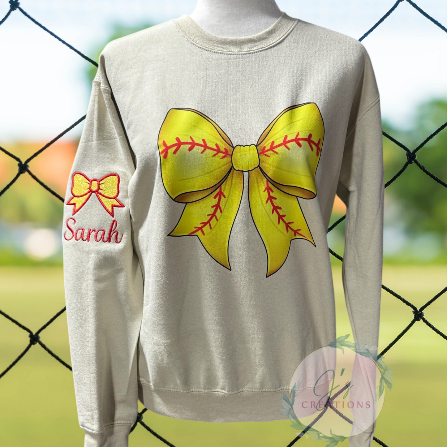 Softball bow print with embroidered sleeve